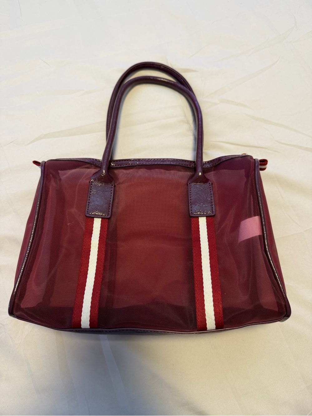Anthropologie Burgundy Mesh Tote with Red and White Stripes